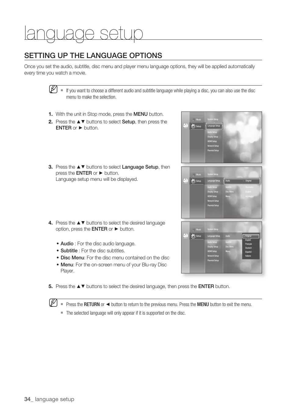 Language setup, Setting up the language options | Samsung BD-P1500-XAA User Manual | Page 34 / 68