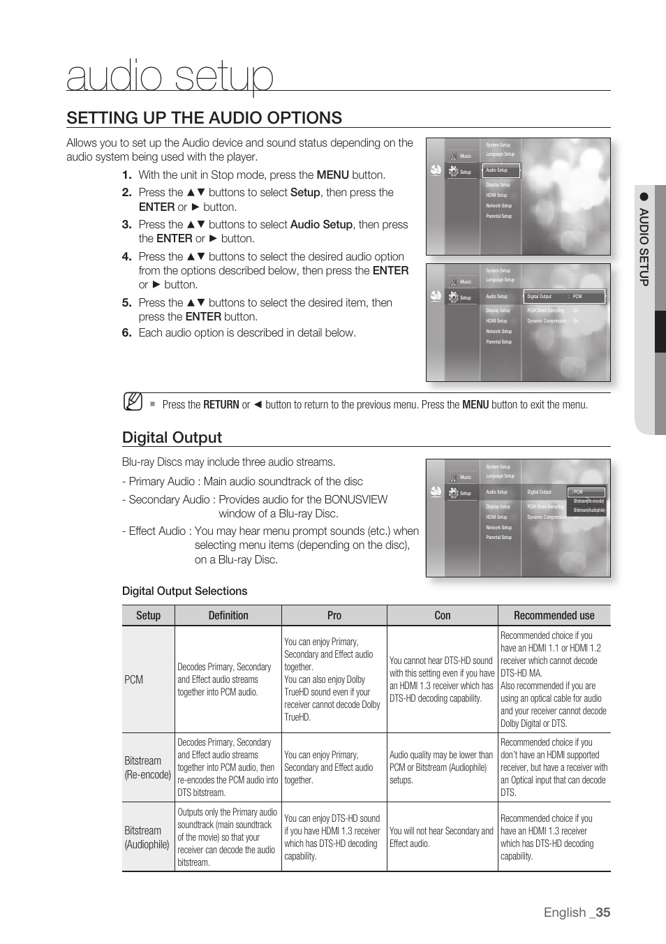 Audio setup, Setting up the audio options, Digital output | English, Bitstream (re-encode), Bitstream (audiophile) | Samsung BD-P1500-XAA User Manual | Page 35 / 68