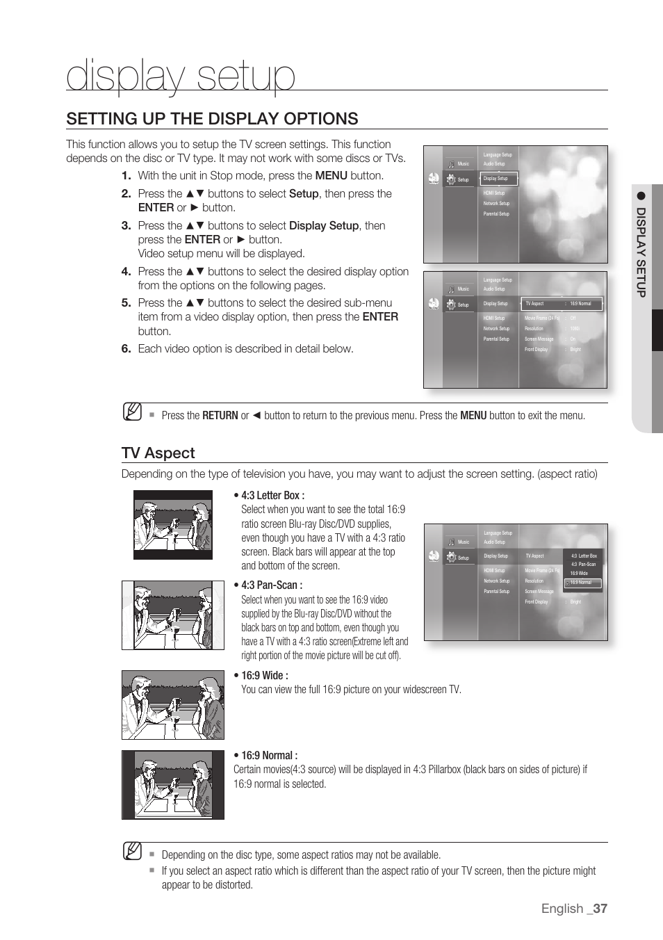 Display setup, Setting up the display options, Tv aspect | English | Samsung BD-P1500-XAA User Manual | Page 37 / 68