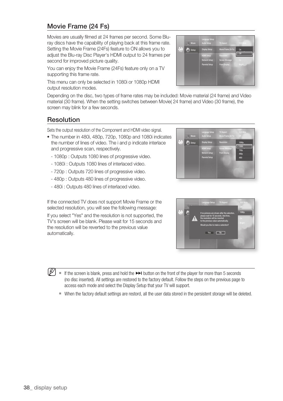 Movie frame (24 fs), Resolution, Display setup | Samsung BD-P1500-XAA User Manual | Page 38 / 68