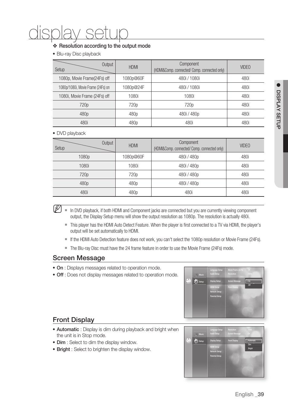 Display setup, Screen message, Front display | English, Resolution according to the output mode | Samsung BD-P1500-XAA User Manual | Page 39 / 68