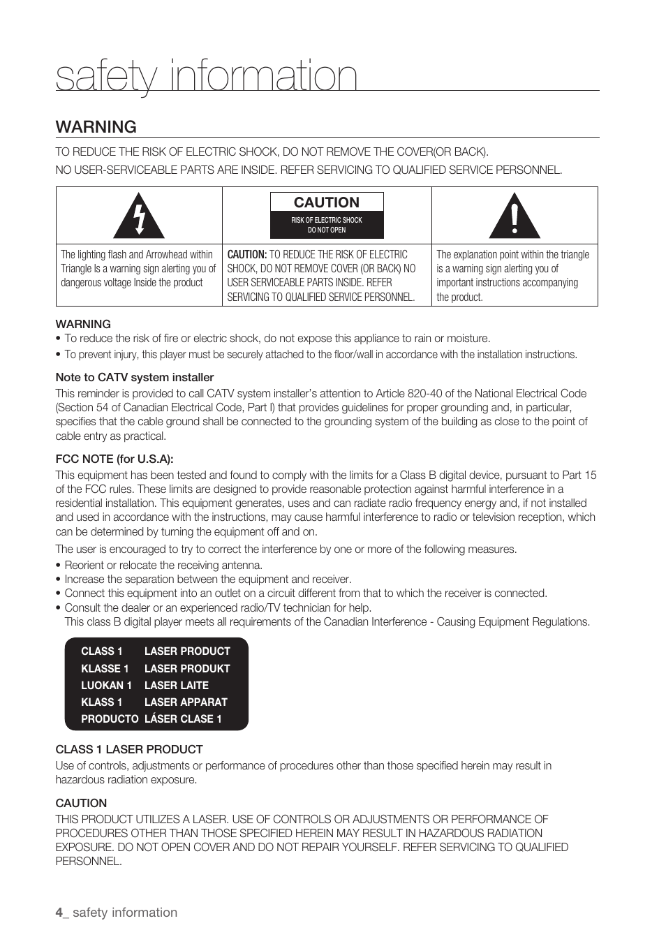 Safety information, Warning | Samsung BD-P1500-XAA User Manual | Page 4 / 68