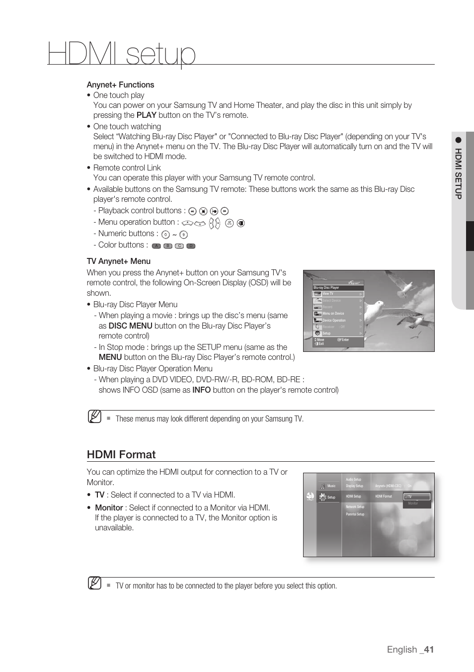 Hdmi setup, Hdmi format, English | Menu operation button, Numeric buttons, Color buttons | Samsung BD-P1500-XAA User Manual | Page 41 / 68