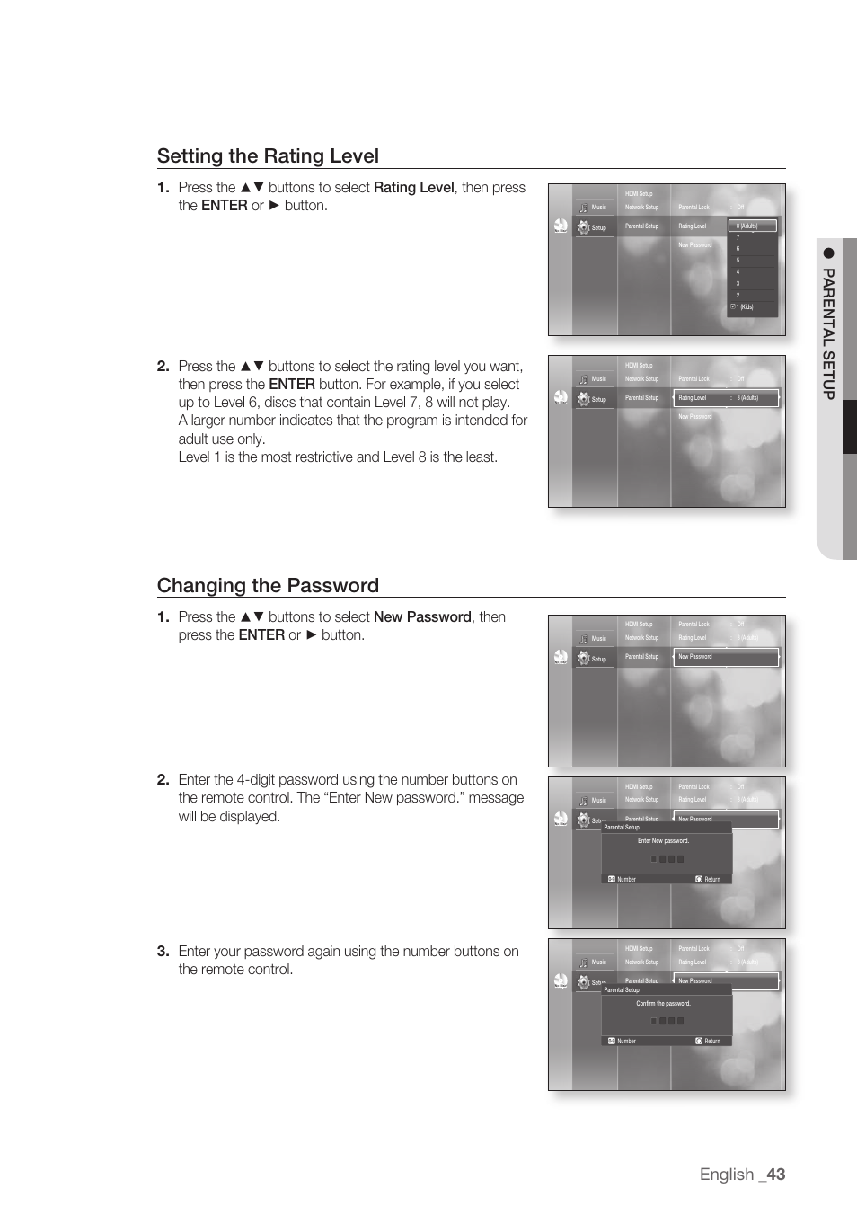Setting the rating level, Changing the password, English | Parental setup | Samsung BD-P1500-XAA User Manual | Page 43 / 68