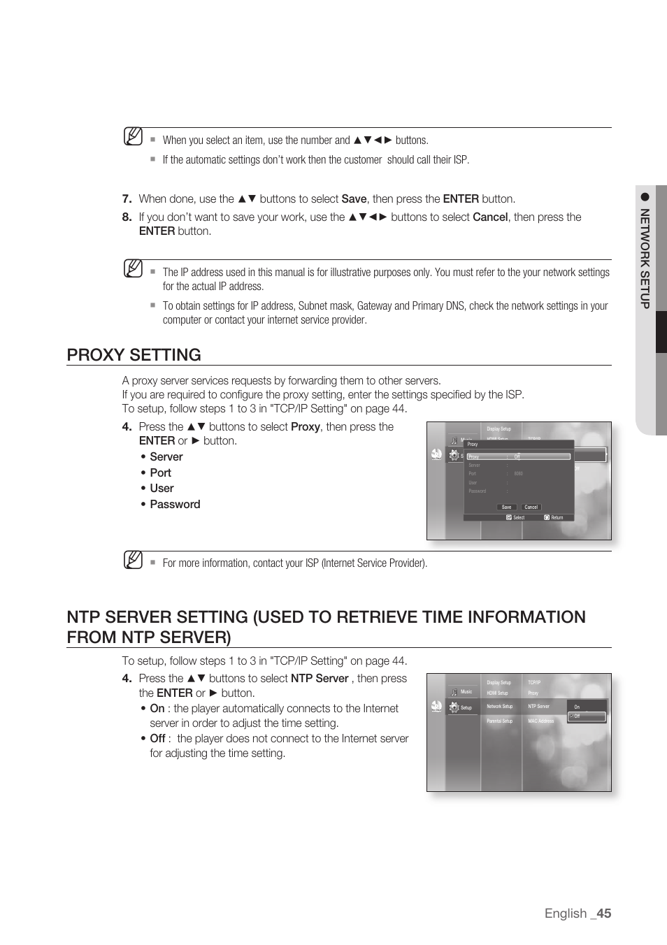 Proxy setting, Ntp server setting, English | Samsung BD-P1500-XAA User Manual | Page 45 / 68