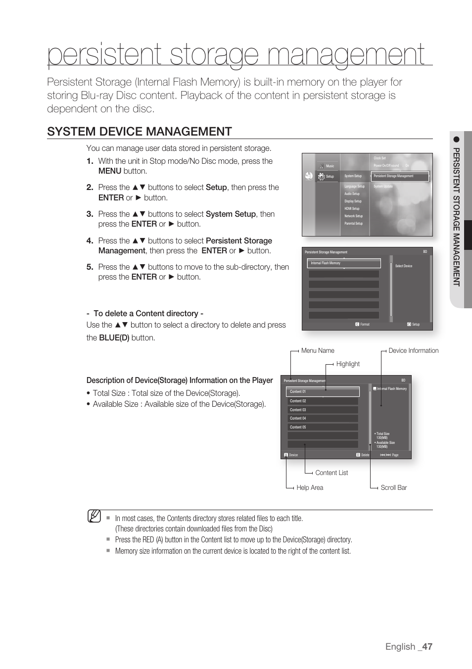 Persistent storage management, System device management, English | Samsung BD-P1500-XAA User Manual | Page 47 / 68