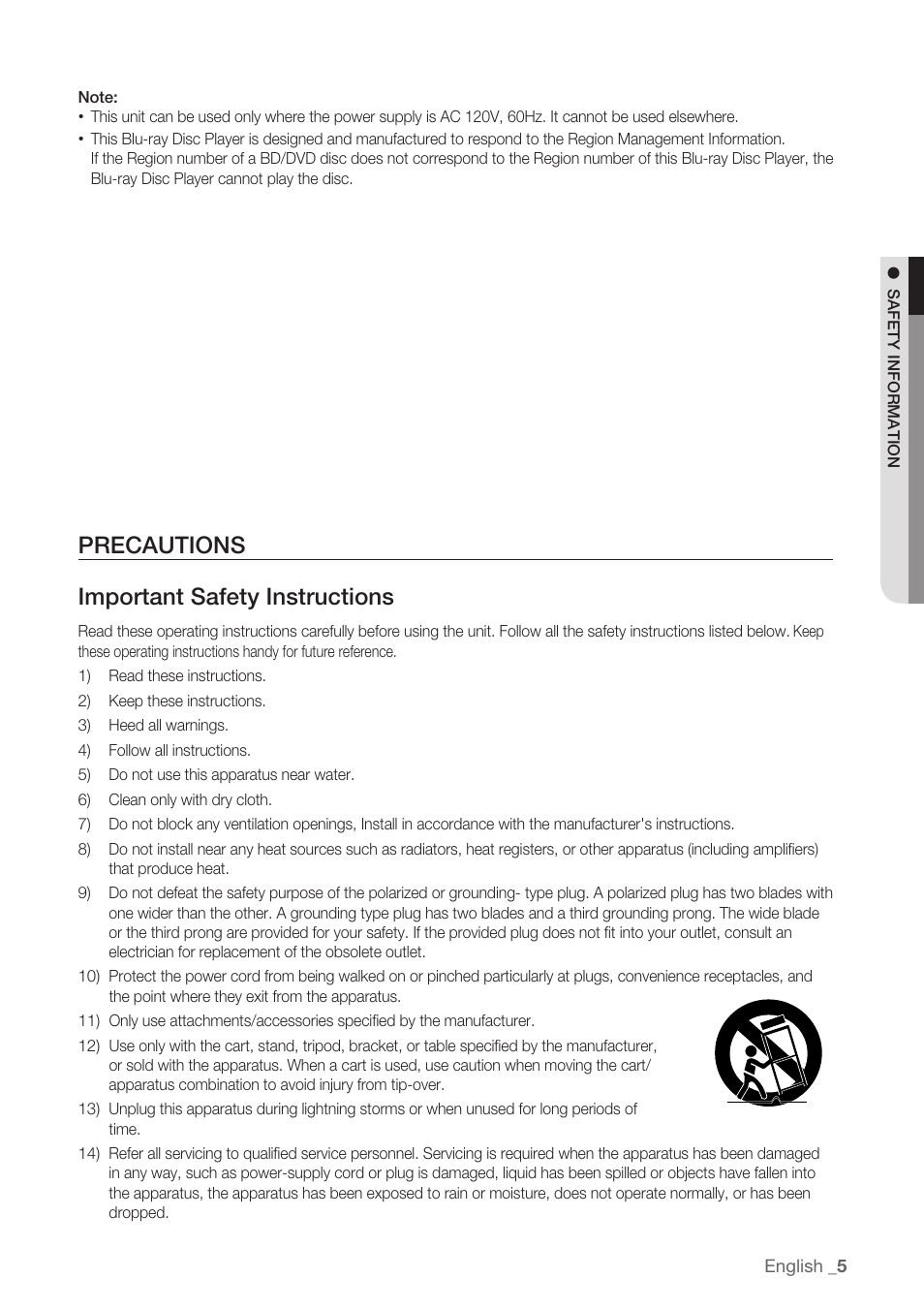 Precautions, Precautions important safety instructions | Samsung BD-P1500-XAA User Manual | Page 5 / 68