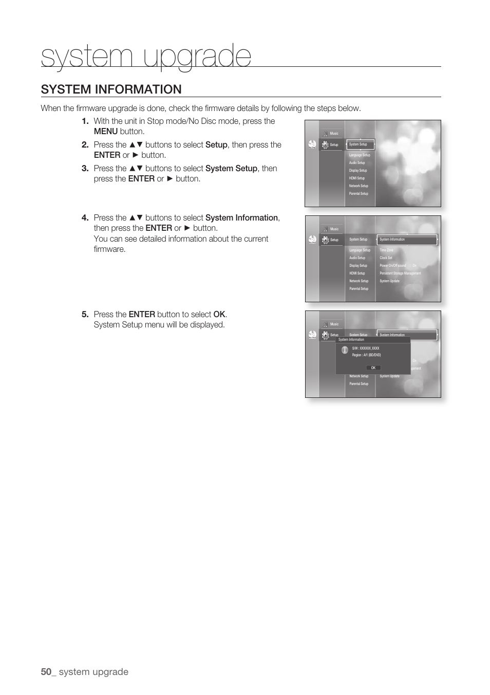 System information, System upgrade | Samsung BD-P1500-XAA User Manual | Page 50 / 68