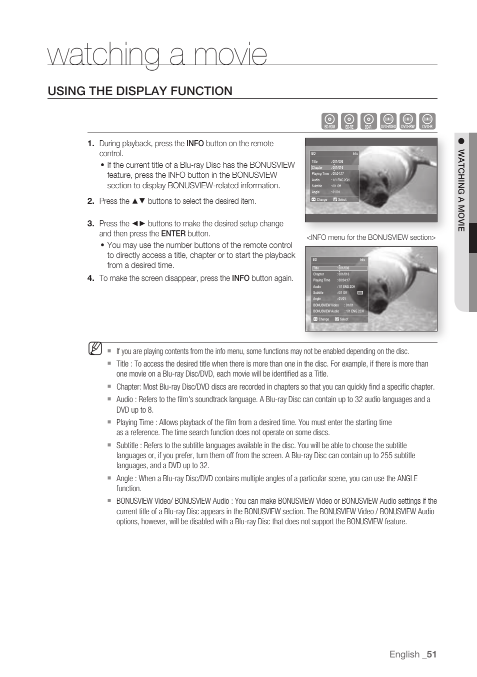 Watching a movie, Using the display function, Hgfzcv | Samsung BD-P1500-XAA User Manual | Page 51 / 68