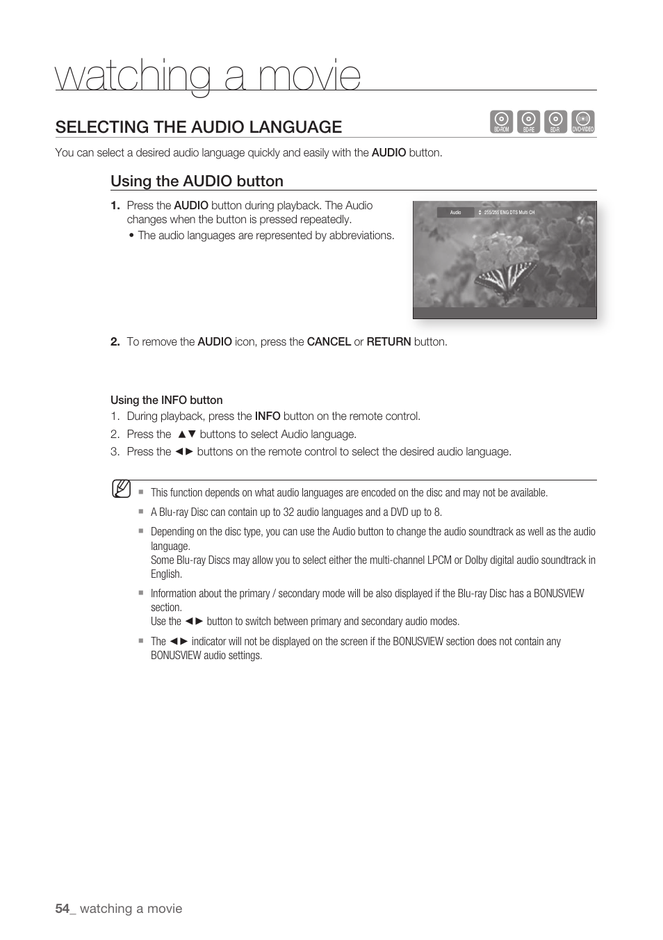 Selecting the audio language hgz, Watching a movie, Hgfz | Selecting the audio language | Samsung BD-P1500-XAA User Manual | Page 54 / 68