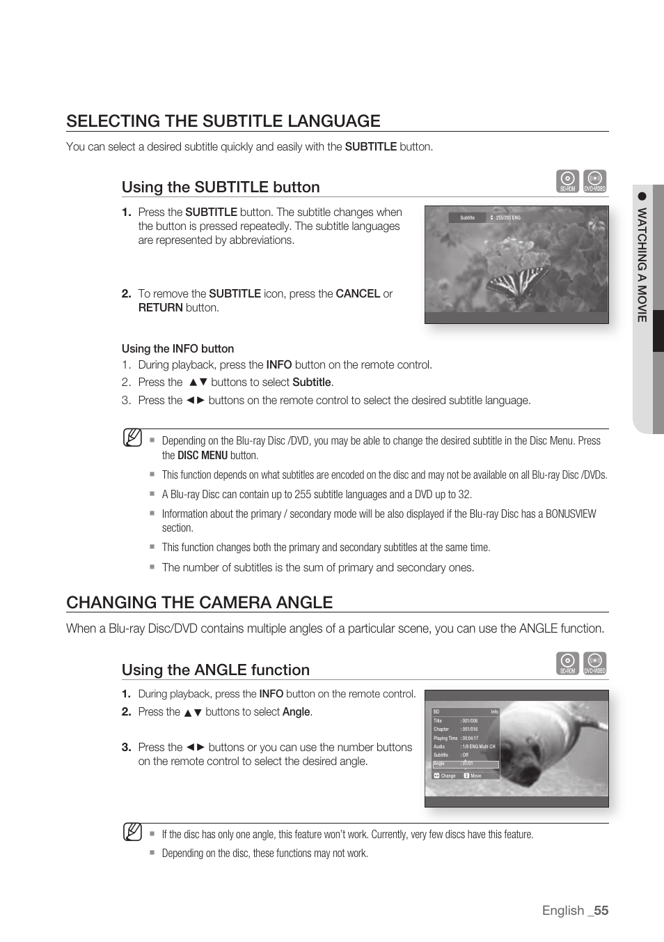 Selecting the subtitle language, Changing the camera angle, Using the subtitle button | Using the angle function | Samsung BD-P1500-XAA User Manual | Page 55 / 68