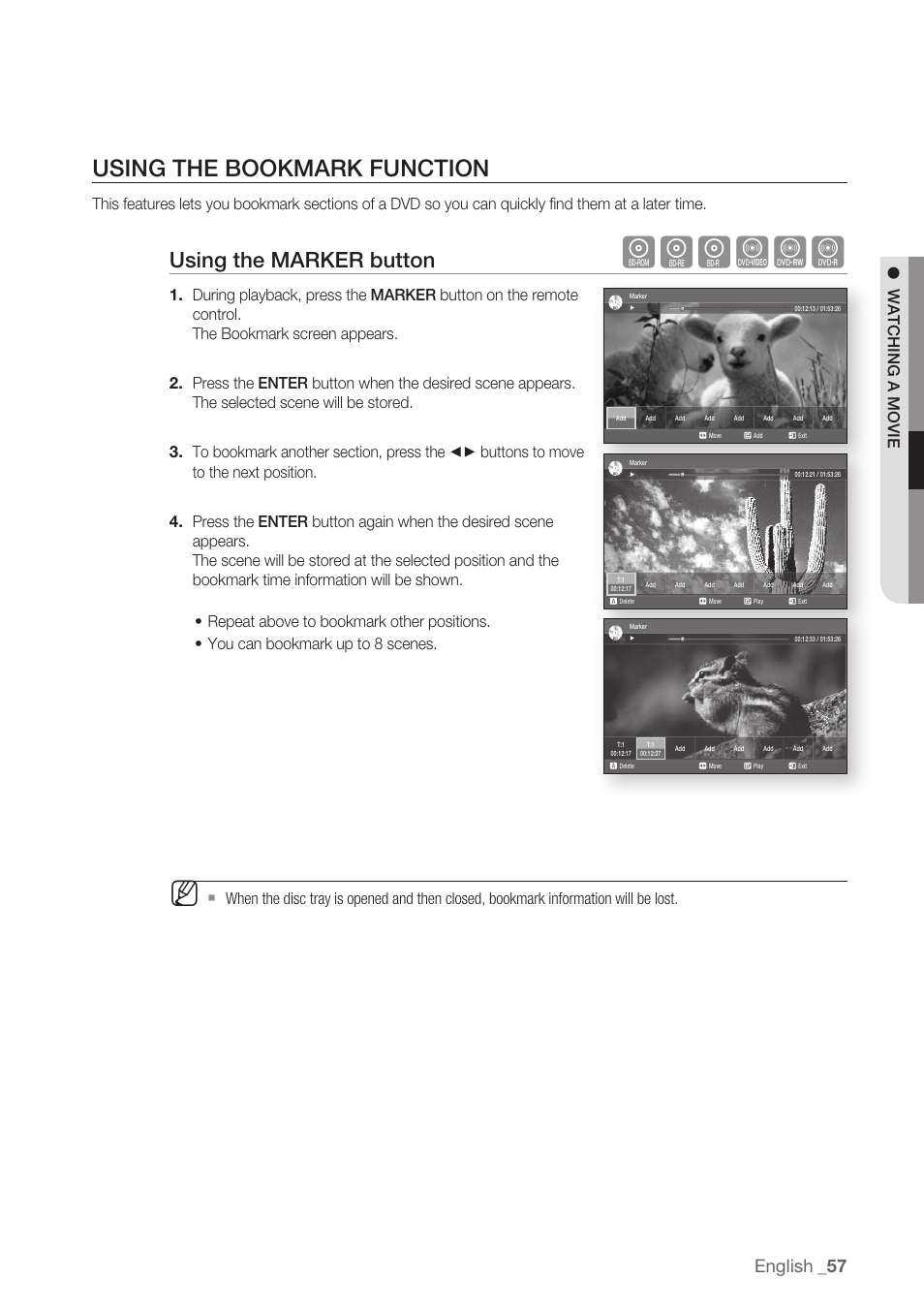 Using the bookmark function, Hgfzcv, Using the marker button | English, Watching a movie | Samsung BD-P1500-XAA User Manual | Page 57 / 68
