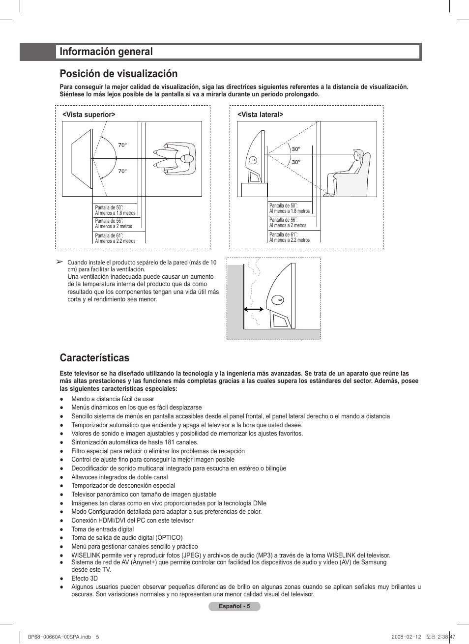 Información general posición de visualización, Características | Samsung HL50A650C1FXZA User Manual | Page 107 / 196