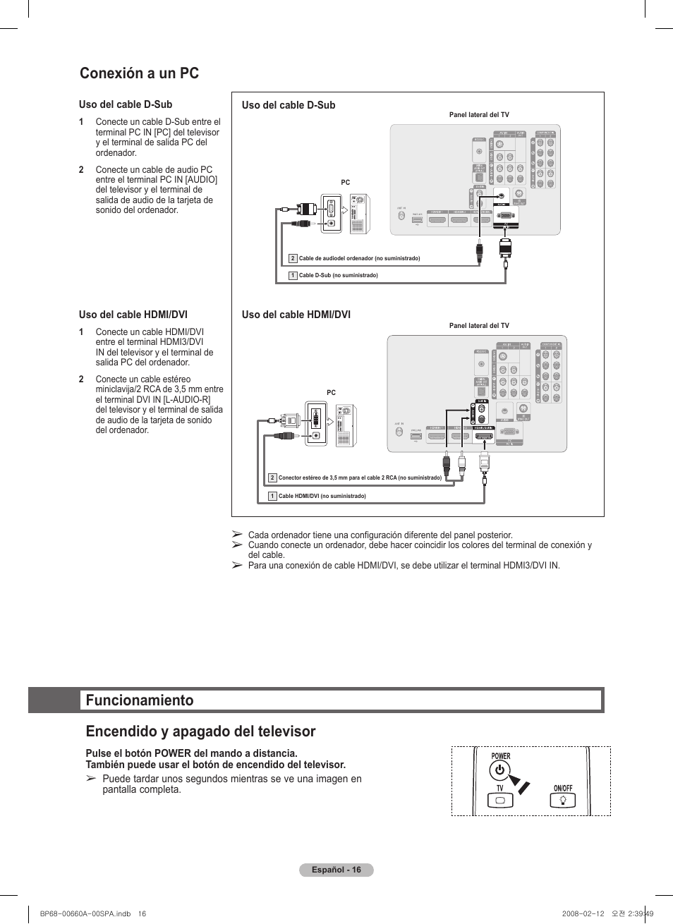 Funcionamiento encendido y apagado del televisor, Conexión a un pc | Samsung HL50A650C1FXZA User Manual | Page 118 / 196