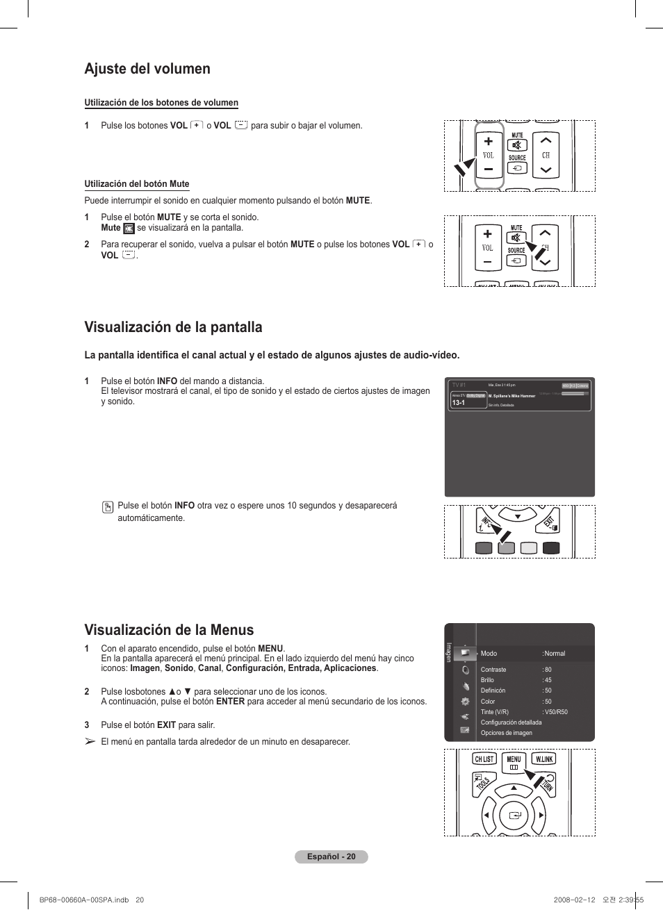 Ajuste del volumen, Visualización de la menus, Visualización de la pantalla | Samsung HL50A650C1FXZA User Manual | Page 122 / 196