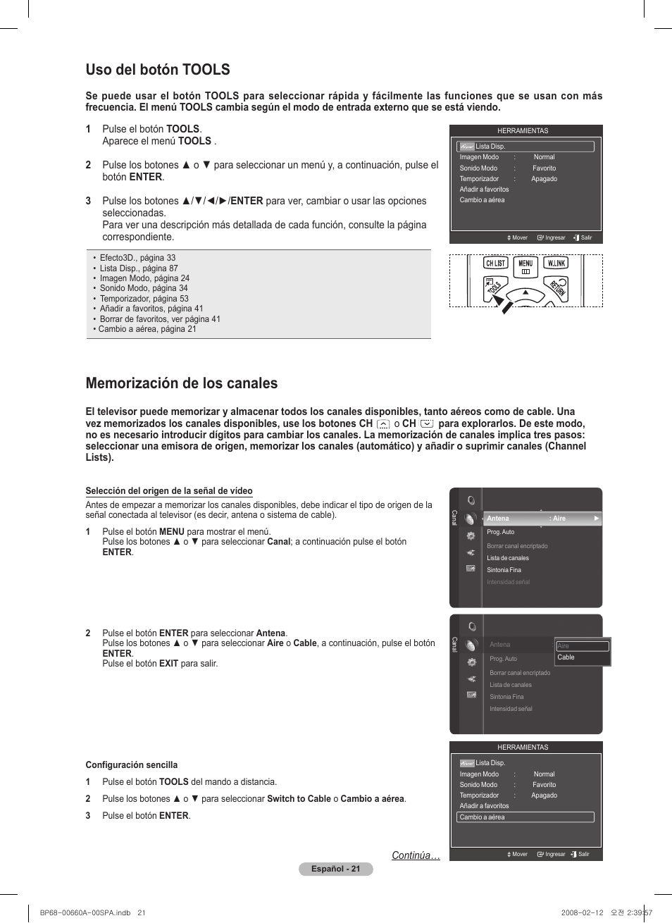 Uso del botón tools, Continúa | Samsung HL50A650C1FXZA User Manual | Page 123 / 196