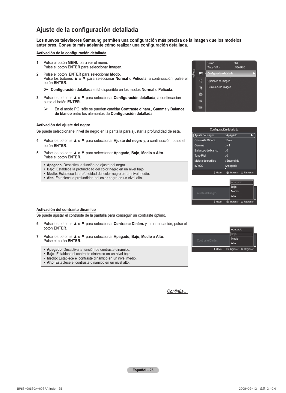Ajuste de la configuración detallada, Continúa | Samsung HL50A650C1FXZA User Manual | Page 127 / 196