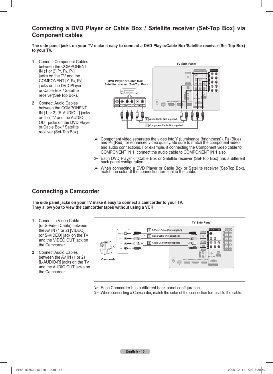 Connecting a camcorder | Samsung HL50A650C1FXZA User Manual | Page 13 / 196