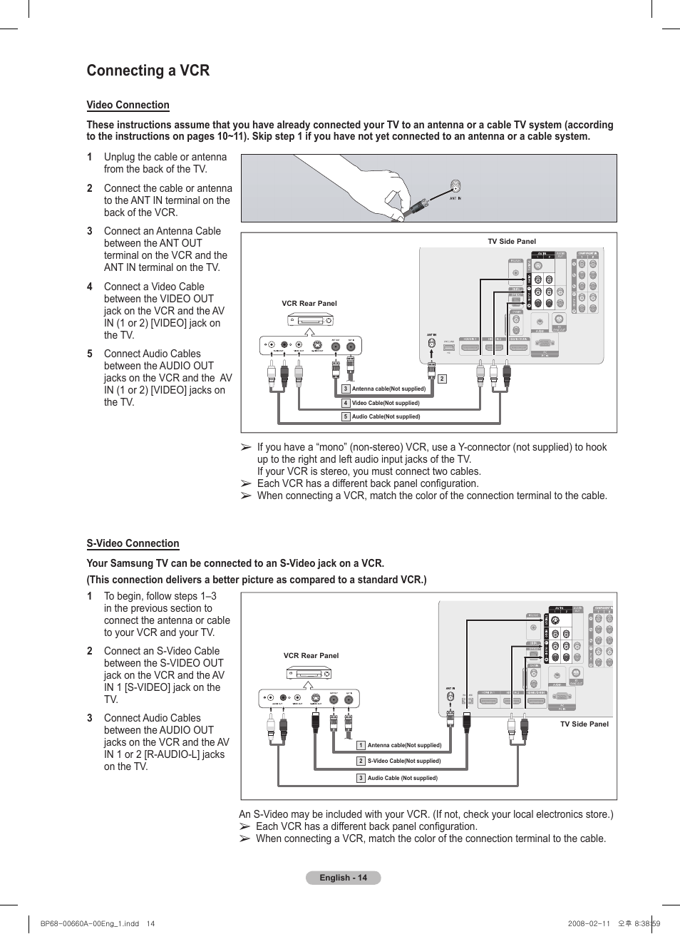 Connecting a vcr | Samsung HL50A650C1FXZA User Manual | Page 14 / 196