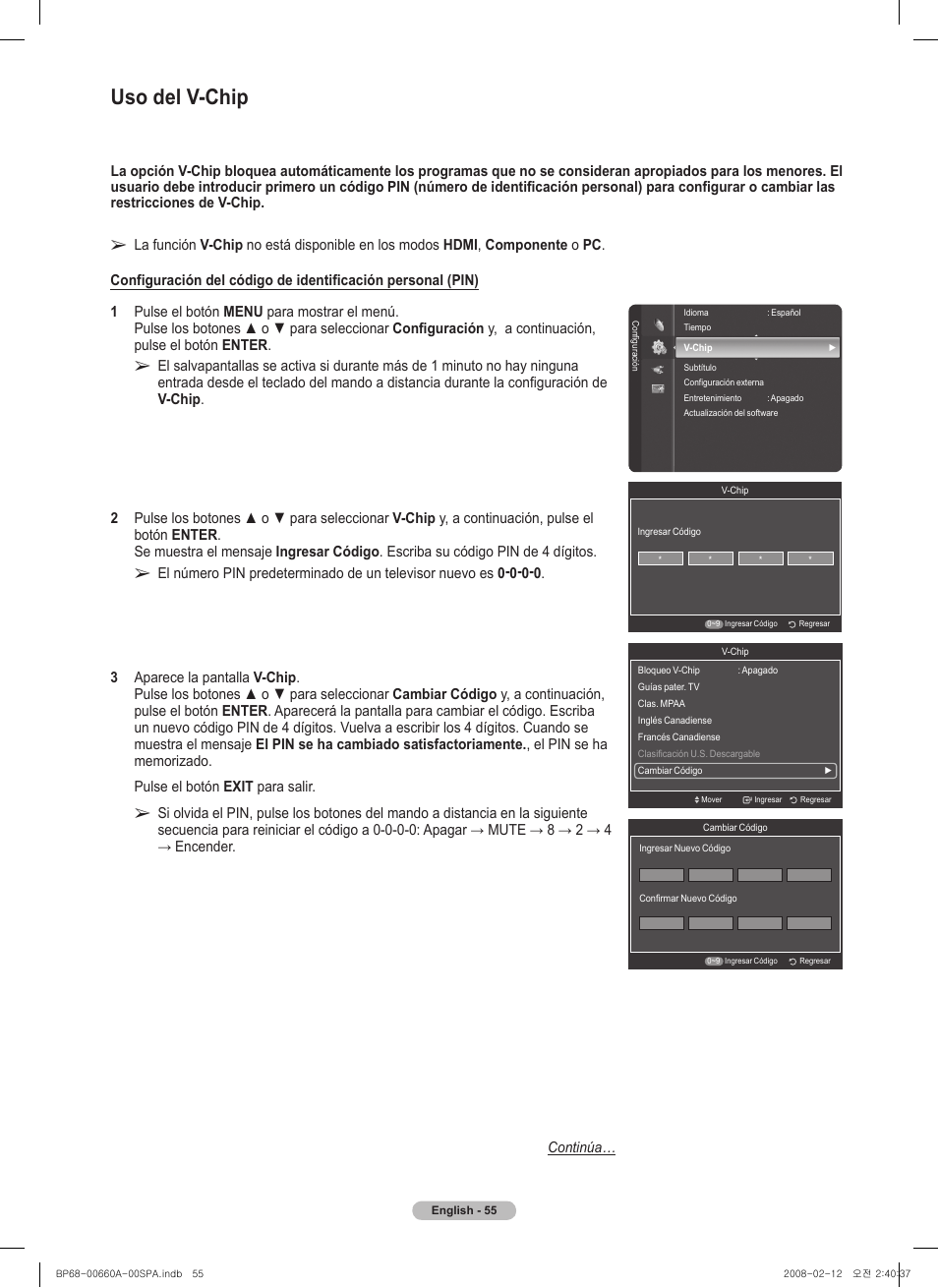 Uso del v-chip | Samsung HL50A650C1FXZA User Manual | Page 157 / 196
