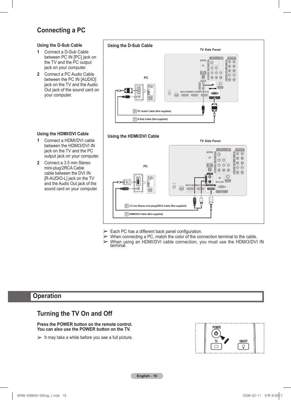 Connecting a pc, Operation, Turning the tv on and off | Operation turning the tv on and off | Samsung HL50A650C1FXZA User Manual | Page 16 / 196