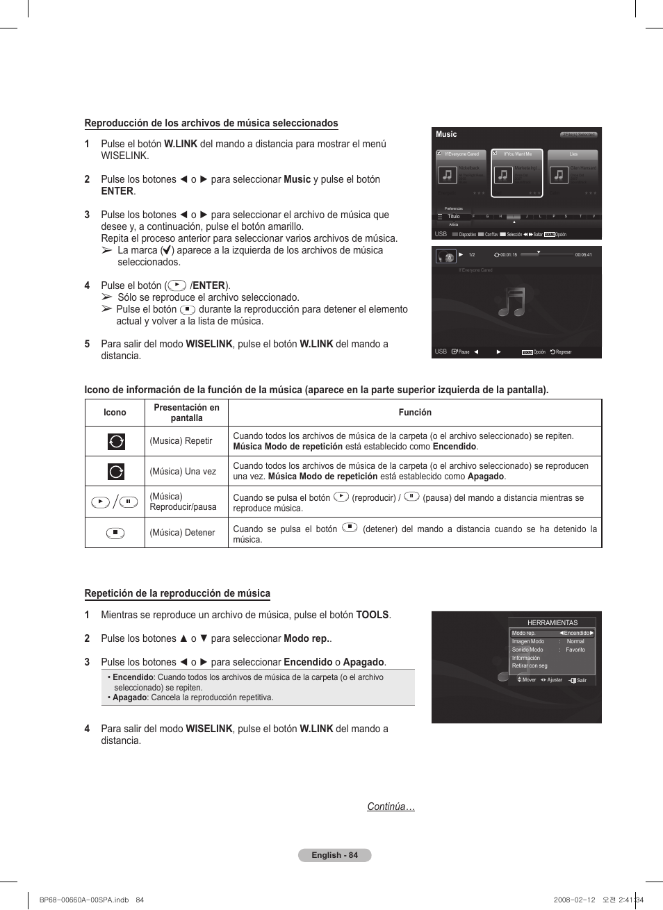 Enter ), Sólo se reproduce el archivo seleccionado, Pulse el botón | Música) reproducir/pausa cuando se pulsa el botón, Reproducir), Música) detener cuando se pulsa el botón | Samsung HL50A650C1FXZA User Manual | Page 186 / 196