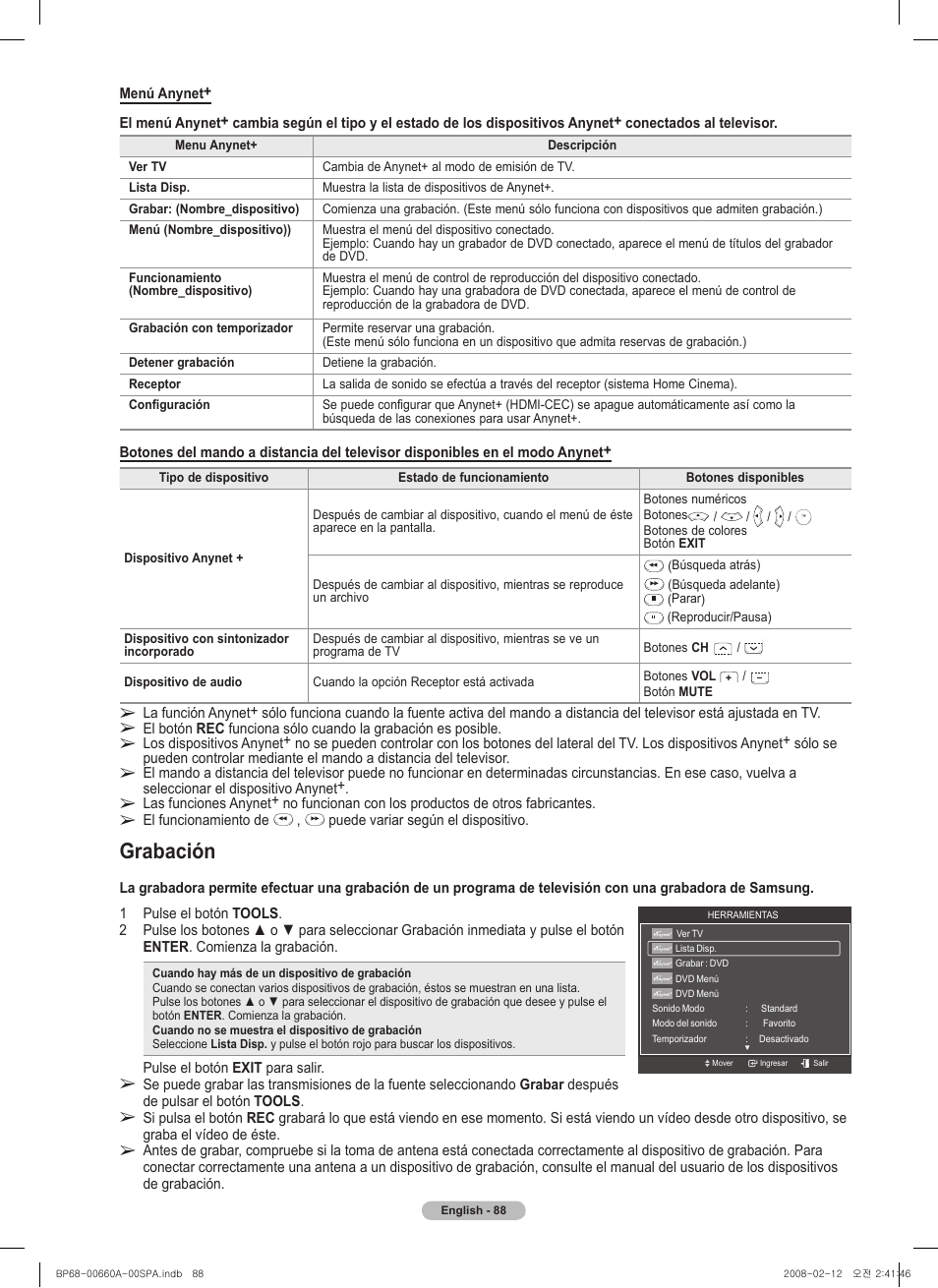 Grabación | Samsung HL50A650C1FXZA User Manual | Page 190 / 196