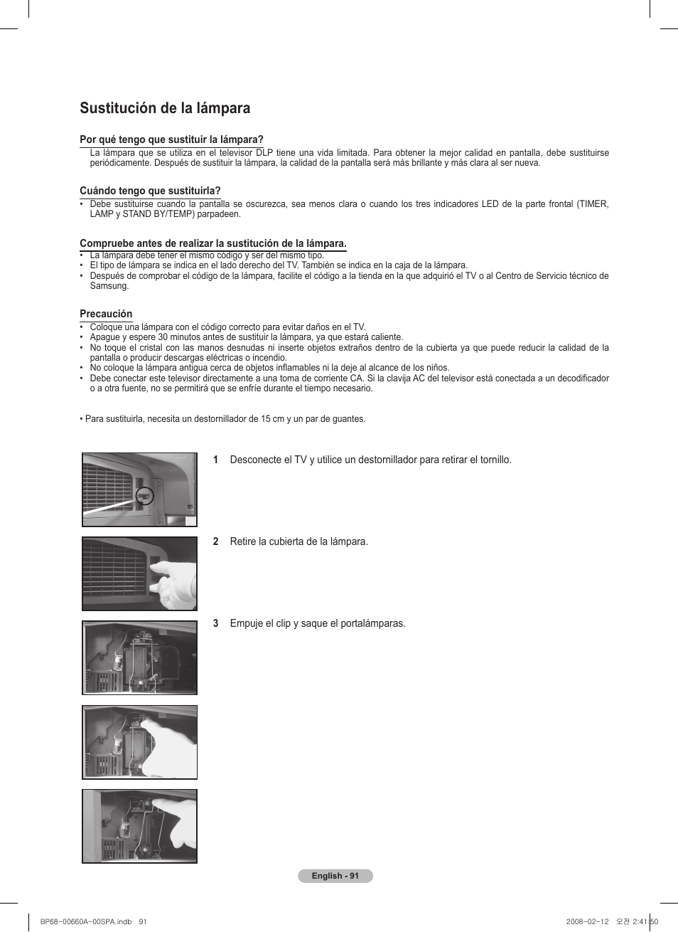 Sustitución de la lámpara | Samsung HL50A650C1FXZA User Manual | Page 193 / 196
