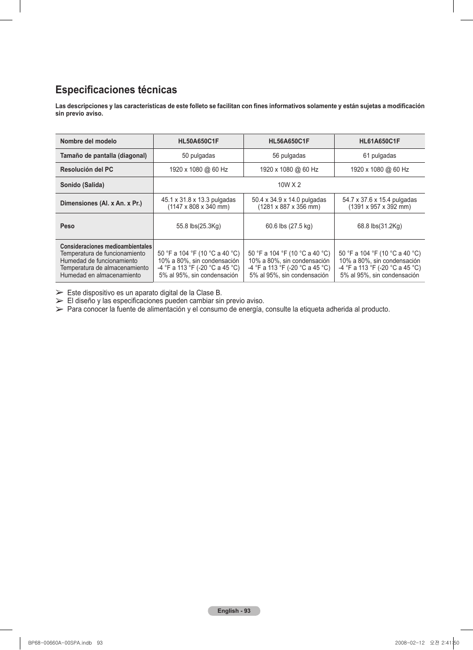Especificaciones técnicas | Samsung HL50A650C1FXZA User Manual | Page 195 / 196