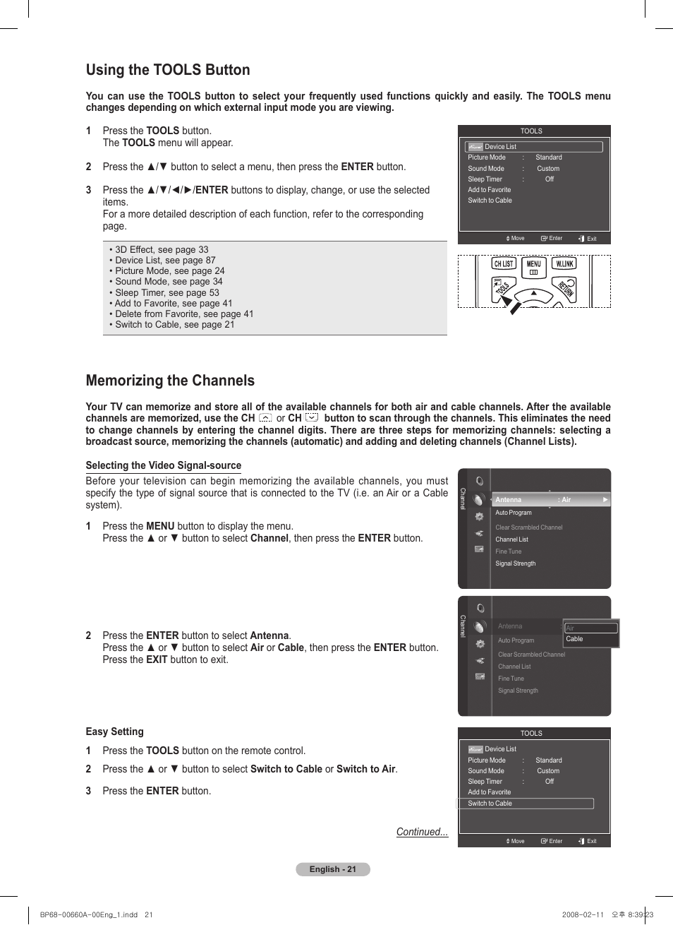 Using the tools button, Memorizing the channels | Samsung HL50A650C1FXZA User Manual | Page 21 / 196