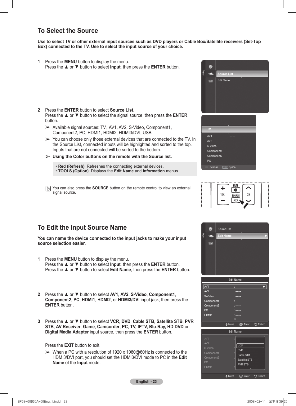 To select the source, To edit the input source name | Samsung HL50A650C1FXZA User Manual | Page 23 / 196