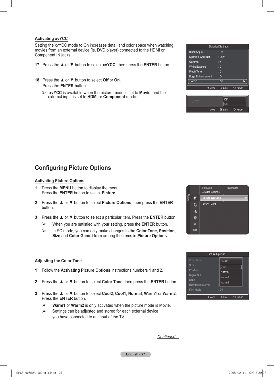 Configuring picture options | Samsung HL50A650C1FXZA User Manual | Page 27 / 196