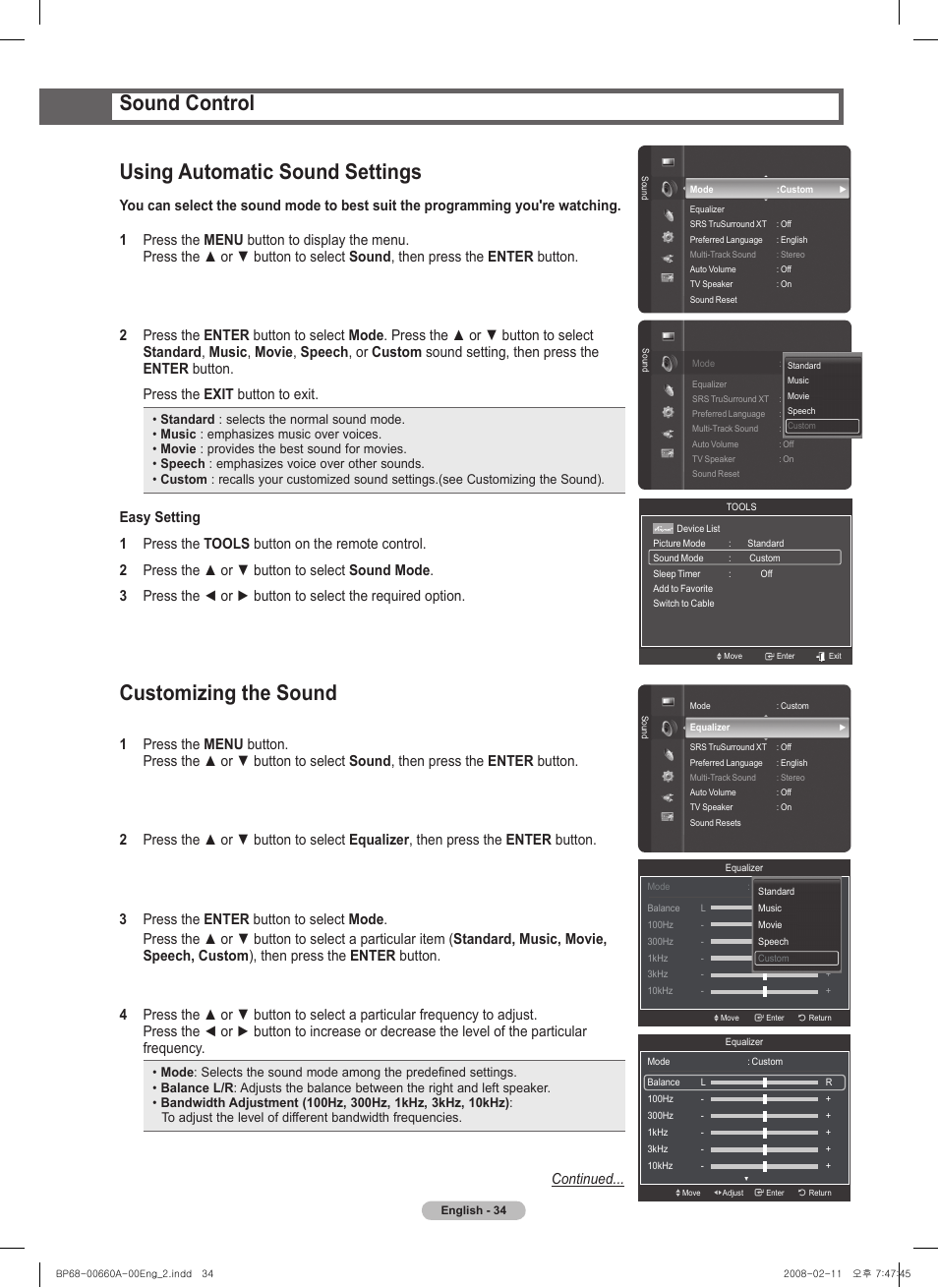 Sound control, Using automatic sound settings, Customizing the sound | Continued | Samsung HL50A650C1FXZA User Manual | Page 34 / 196