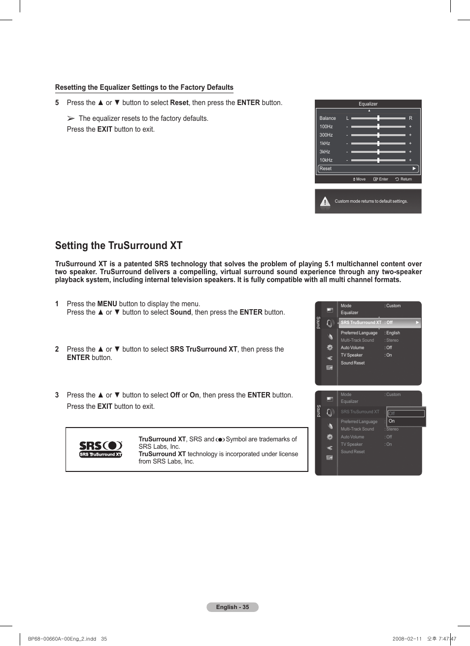 Setting the trusurround xt | Samsung HL50A650C1FXZA User Manual | Page 35 / 196