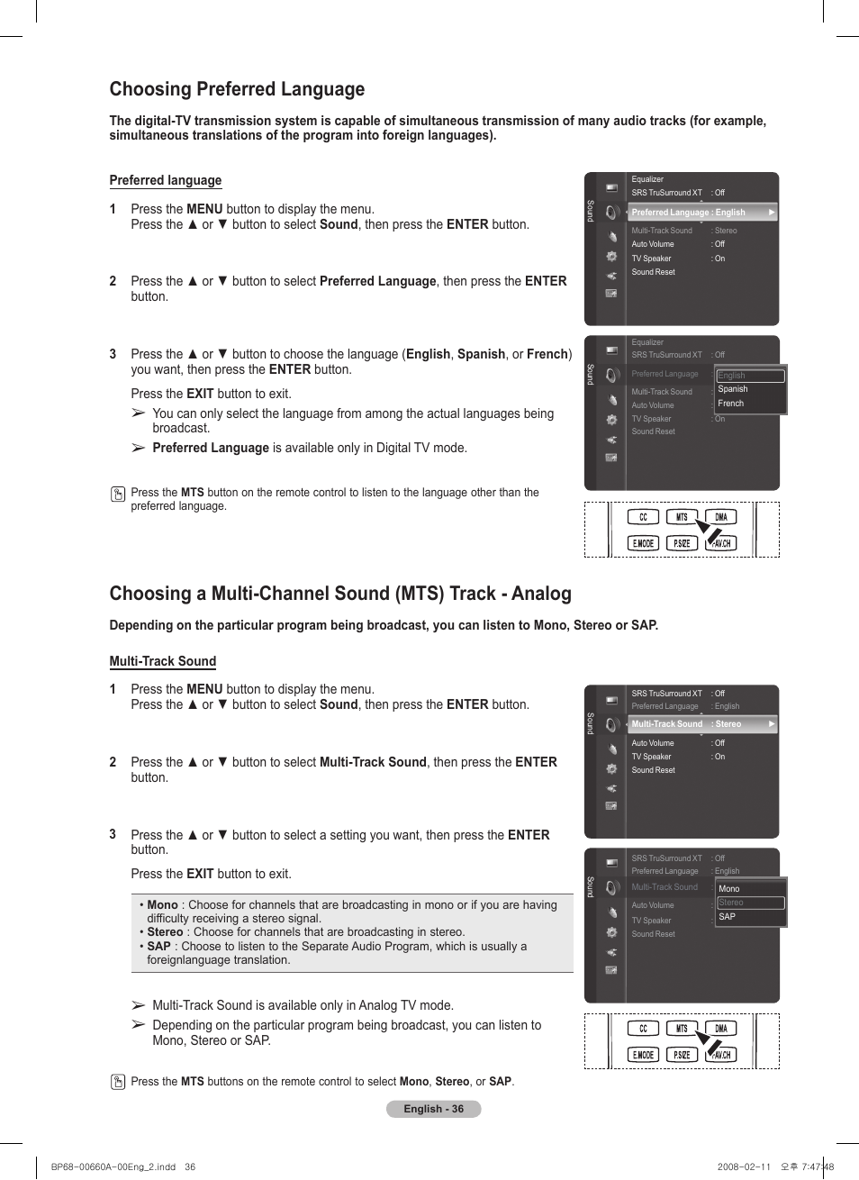 Choosing preferred language | Samsung HL50A650C1FXZA User Manual | Page 36 / 196
