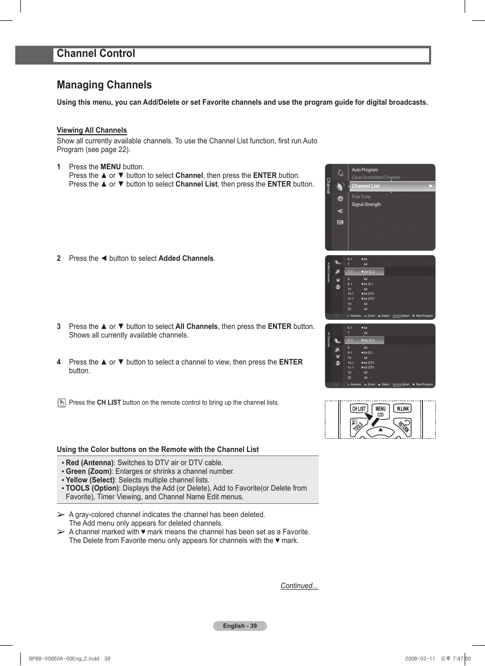 Channel control, Managing channels, Red (antenna) : switches to dtv air or dtv cable | Yellow (select) : selects multiple channel lists | Samsung HL50A650C1FXZA User Manual | Page 39 / 196