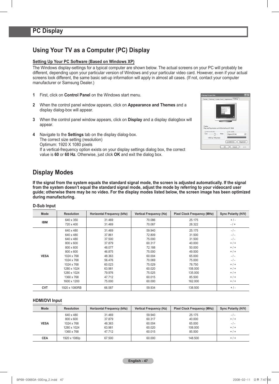 Pc display, Using your tv as a computer (pc) display, Display modes | Samsung HL50A650C1FXZA User Manual | Page 47 / 196
