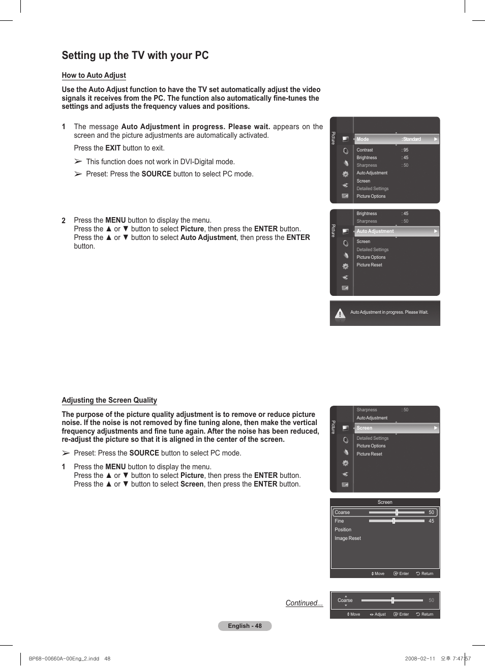 Setting up the tv with your pc | Samsung HL50A650C1FXZA User Manual | Page 48 / 196