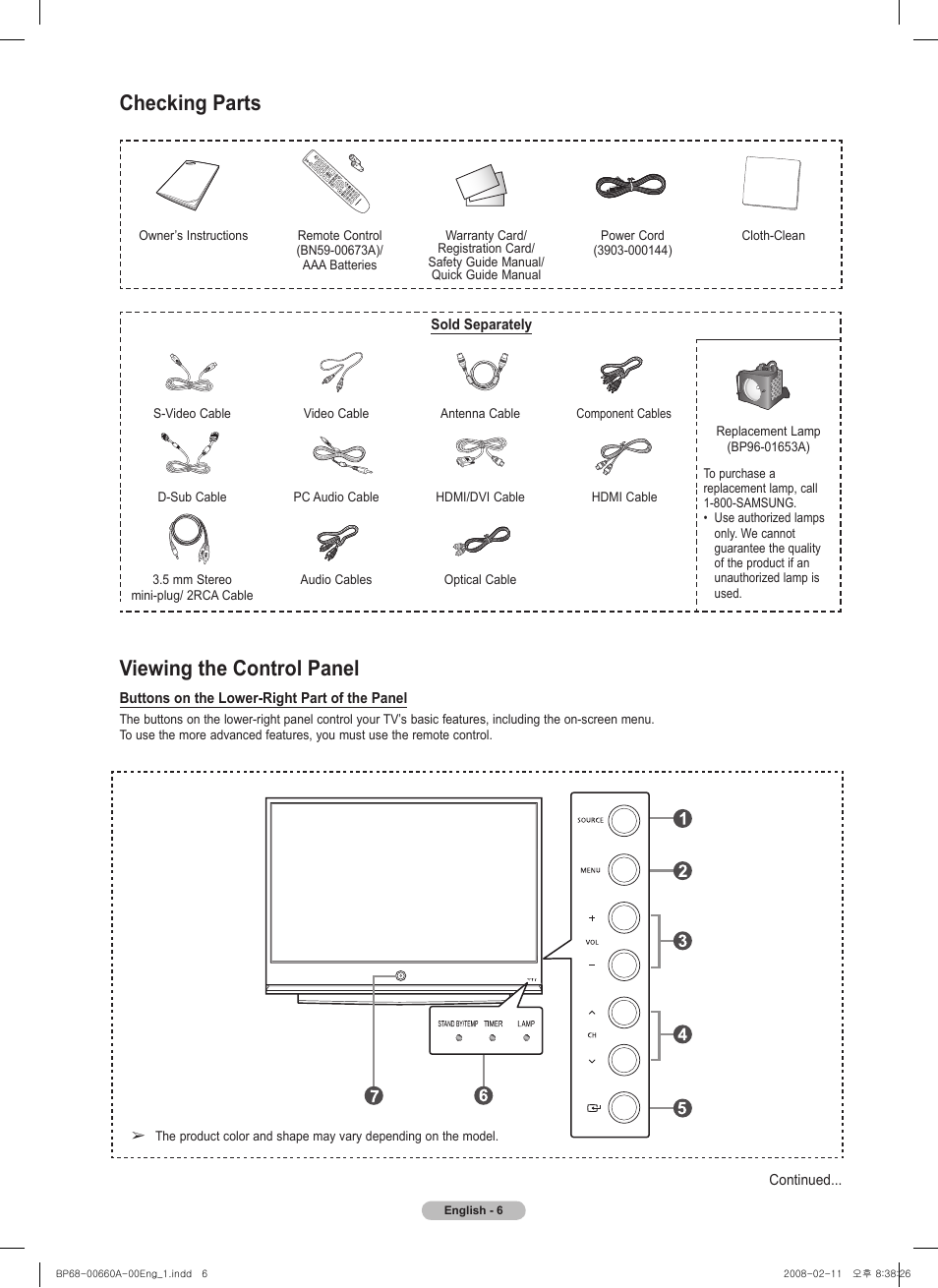 Checking parts, Viewing the control panel | Samsung HL50A650C1FXZA User Manual | Page 6 / 196