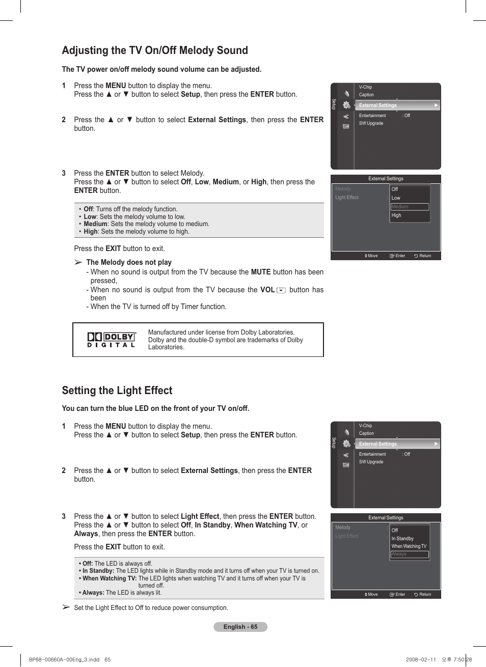 Adjusting the tv on/off melody sound, Setting the light effect | Samsung HL50A650C1FXZA User Manual | Page 65 / 196