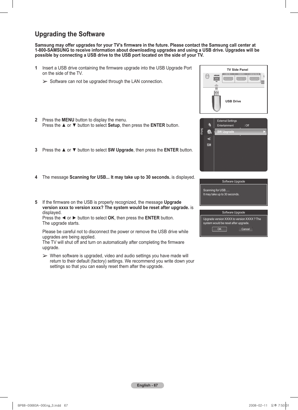 Upgrading the software | Samsung HL50A650C1FXZA User Manual | Page 67 / 196