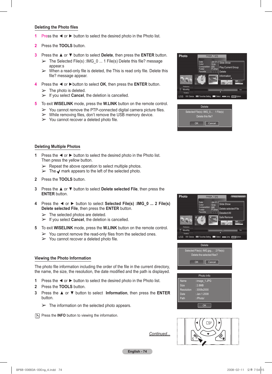 The selected photos are deleted, The information on the selected photo appears, The photo is deleted | You cannot recover a deleted photo file | Samsung HL50A650C1FXZA User Manual | Page 74 / 196