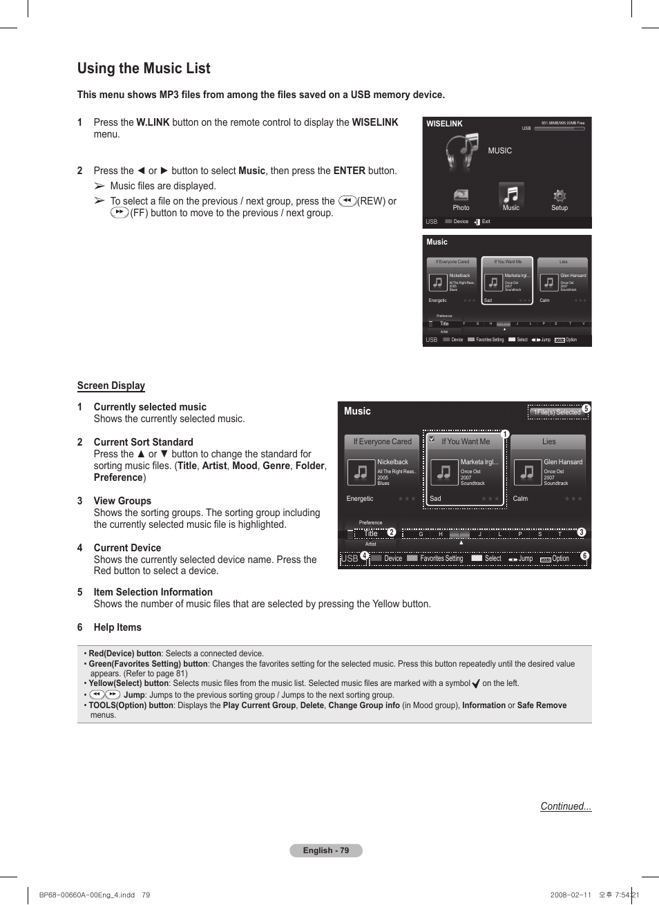 Using the music list, Music files are displayed, Rew) or | Continued, Music | Samsung HL50A650C1FXZA User Manual | Page 79 / 196