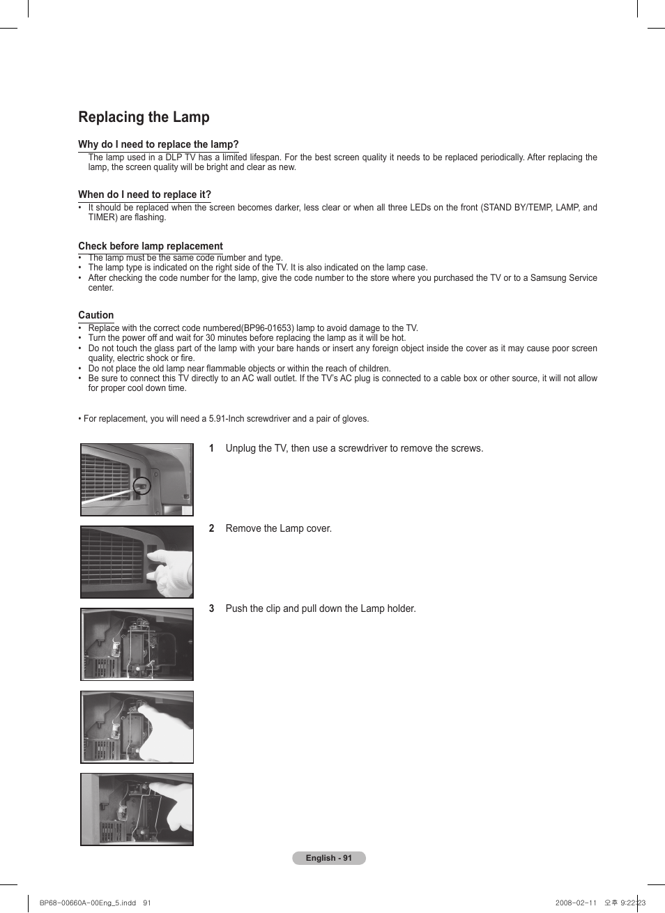 Replacing the lamp | Samsung HL50A650C1FXZA User Manual | Page 91 / 196