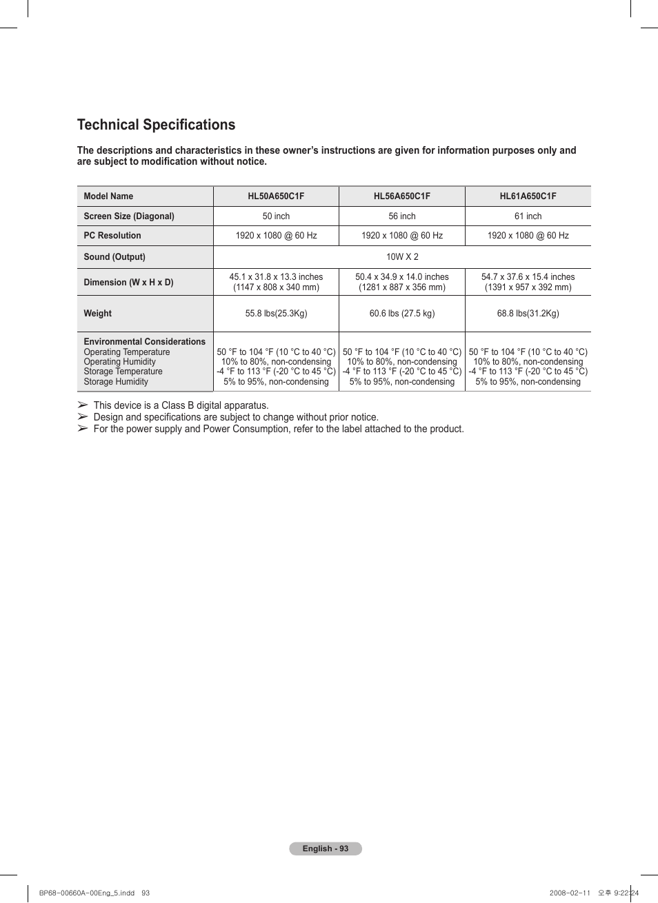 Technical specifications | Samsung HL50A650C1FXZA User Manual | Page 93 / 196