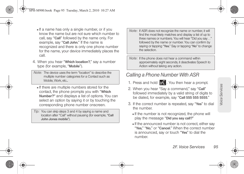 Calling a phone number with asr | Samsung SPH-M900ZKASPR User Manual | Page 107 / 218