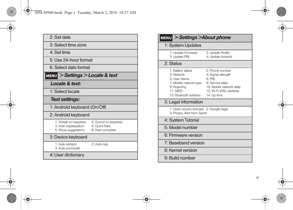 Settings > locale & text locale & text, Text settings, Settings >about phone | Samsung SPH-M900ZKASPR User Manual | Page 11 / 218