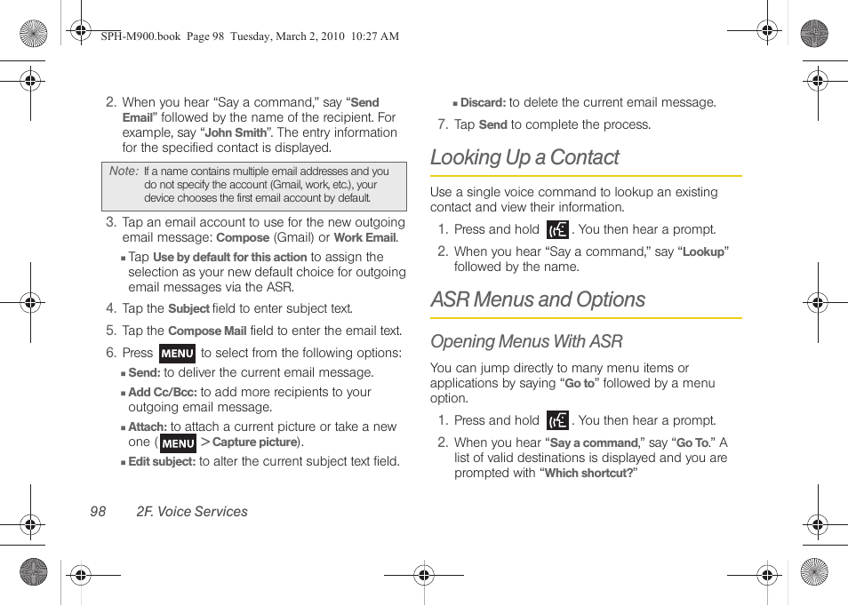 Looking up a contact, Asr menus and options, Opening menus with asr | Samsung SPH-M900ZKASPR User Manual | Page 110 / 218