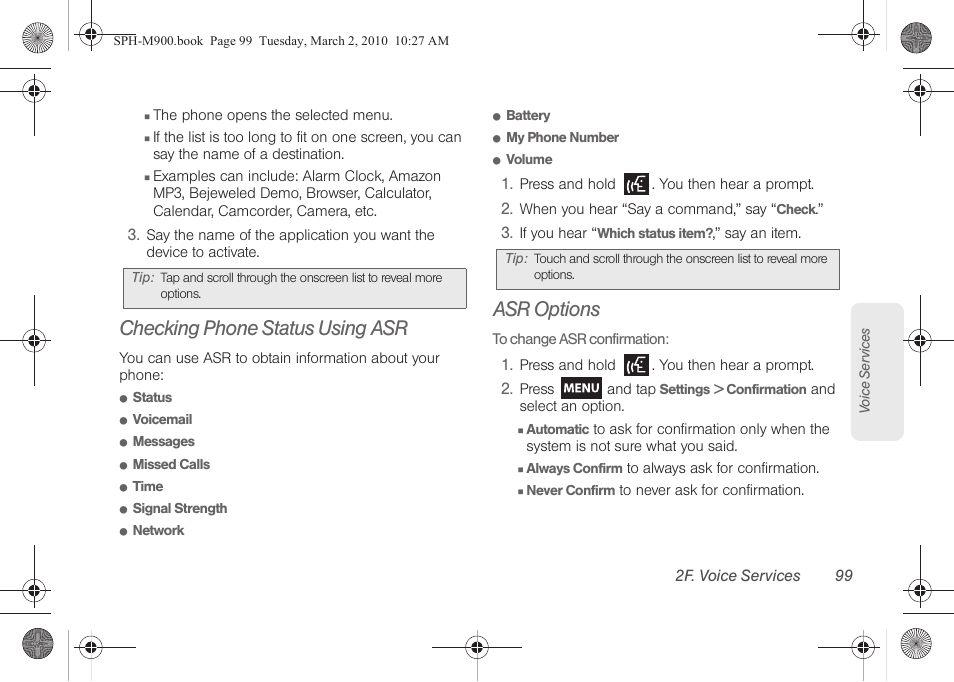 Checking phone status using asr, Asr options | Samsung SPH-M900ZKASPR User Manual | Page 111 / 218