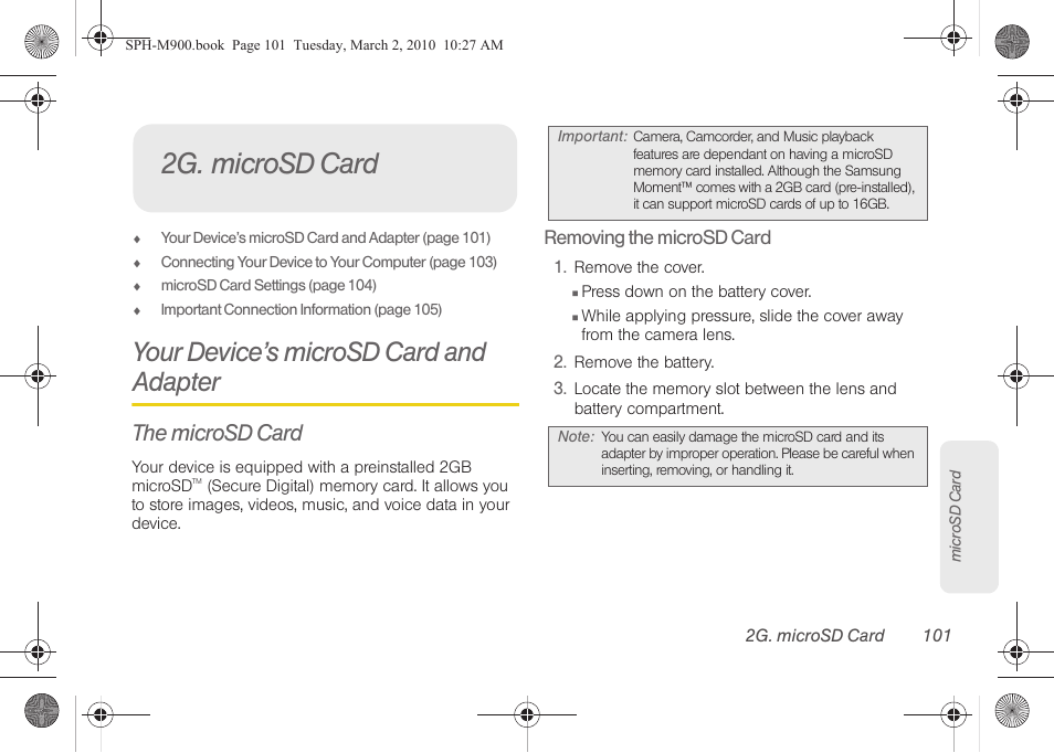 2g. microsd card, Your device’s microsd card and adapter, The microsd card | Samsung SPH-M900ZKASPR User Manual | Page 113 / 218